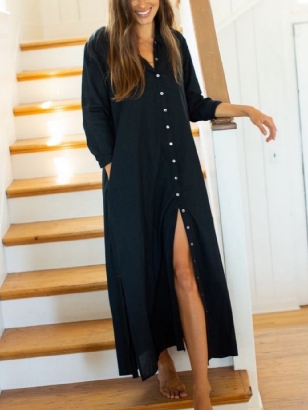 Natural Life Drew Cotton Button Down Duster Maxi Shirt Dress Black Medium
